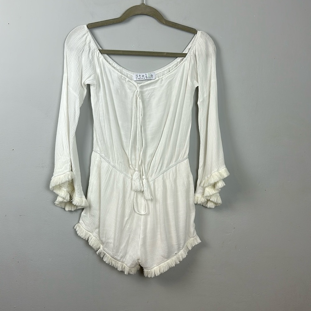 Stella Laguna Beach White Bell Sleeve Fringe Romper Sz M